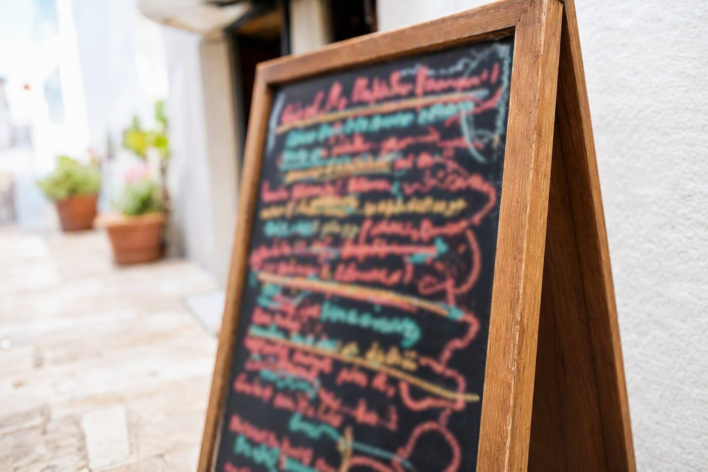 A wooden A-frame chalkboard sign standing on the pavement outside a small cafe.